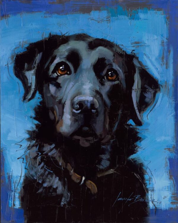 painting of black lab on blue background