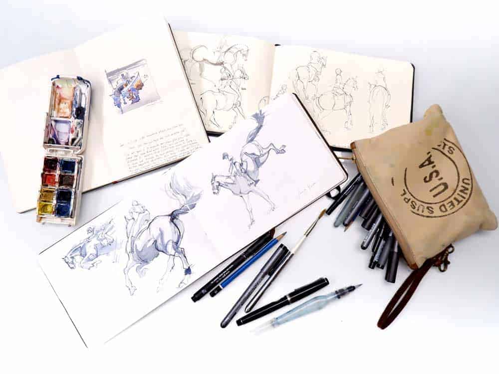 Sketchbook, pens, watercolors.