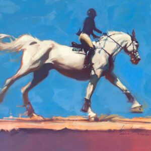 oil painting of Rider on Gray Quarterhorse blue background