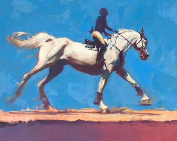 oil painting of Rider on Gray Quarterhorse blue background