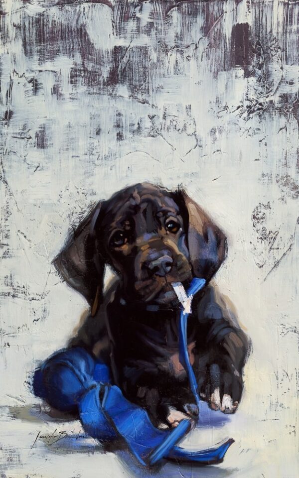 Art Print of Black Great Dane Puppy with Blue Toy