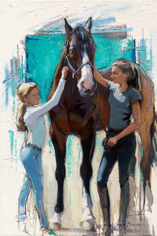 Two Girls Standing With Bay Horse Art Print
