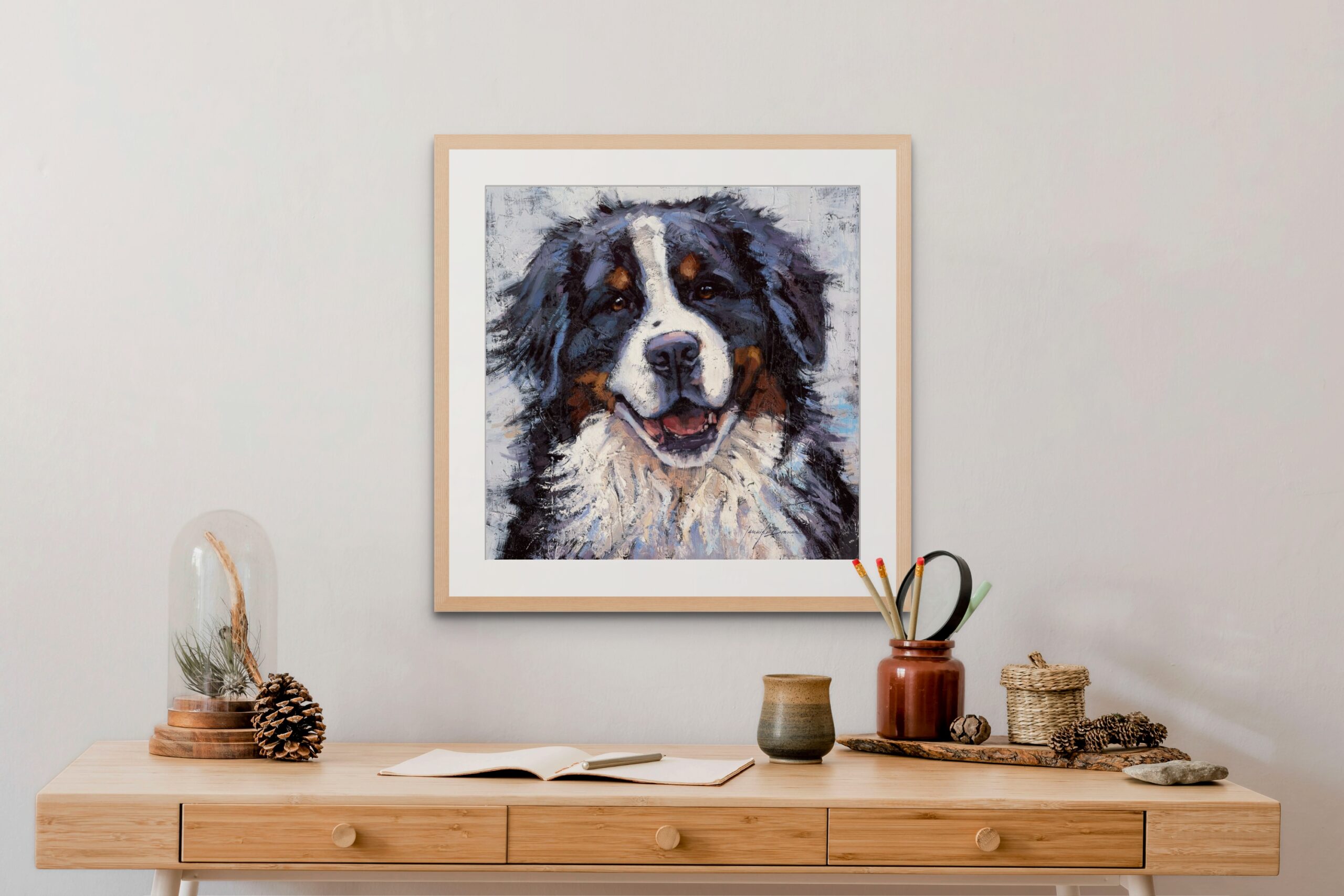 bernese mountain dog painting over desk