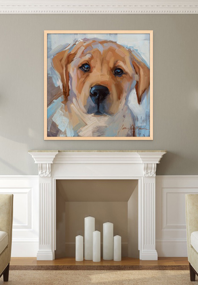art print of labrador puppy over a fireplace