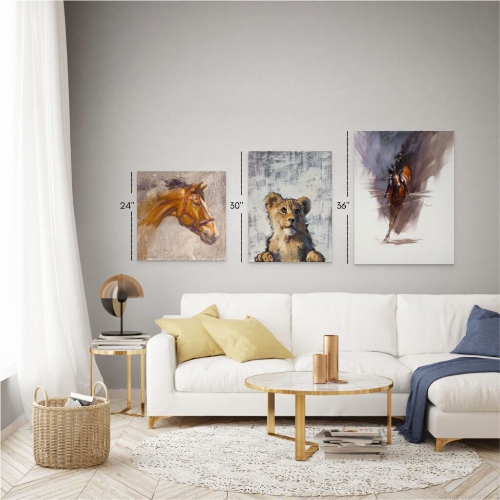 art prints with size references in a living room