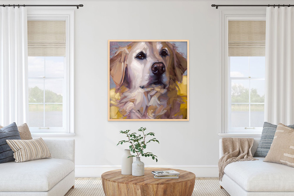 modern living room with golden retriever art print